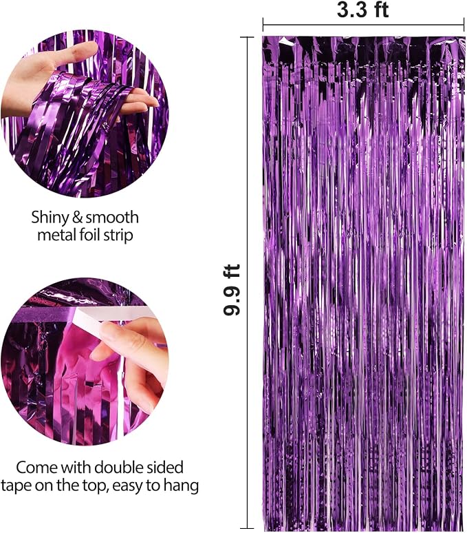 3 Pack 3.3 x 9.9 ft Purple Fringe Backdrop Streamers Party Decorations | Foil - Image 2