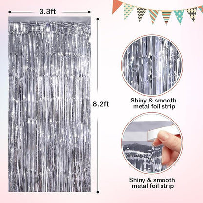 Silver Metallic Tinsel Foil Fringe Curtains, 4 Pack 3.3x8.3 Feet Streamer - Image 2