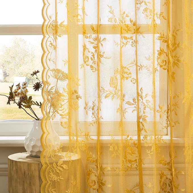 Yellow Lace Curtains 96 Inches Long 2 Panels Country Gold Flower Sheer Curtains - Image 5
