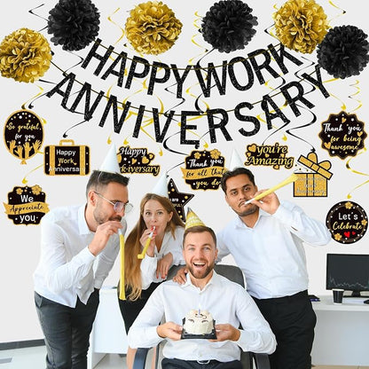 Happy Work Anniversary Decorations Black Gold, Happy Anniversary Banner - Image 4