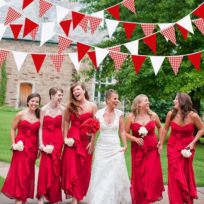 32Ft Red Party Decorations Red Plaid Checkered White Triangle Flag Gingham - Image 8