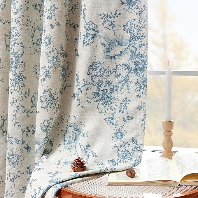 jinchan Blue Floral Linen Blackout Curtains Lined 96 Inch Back Tab 2 Panels | - Image 3
