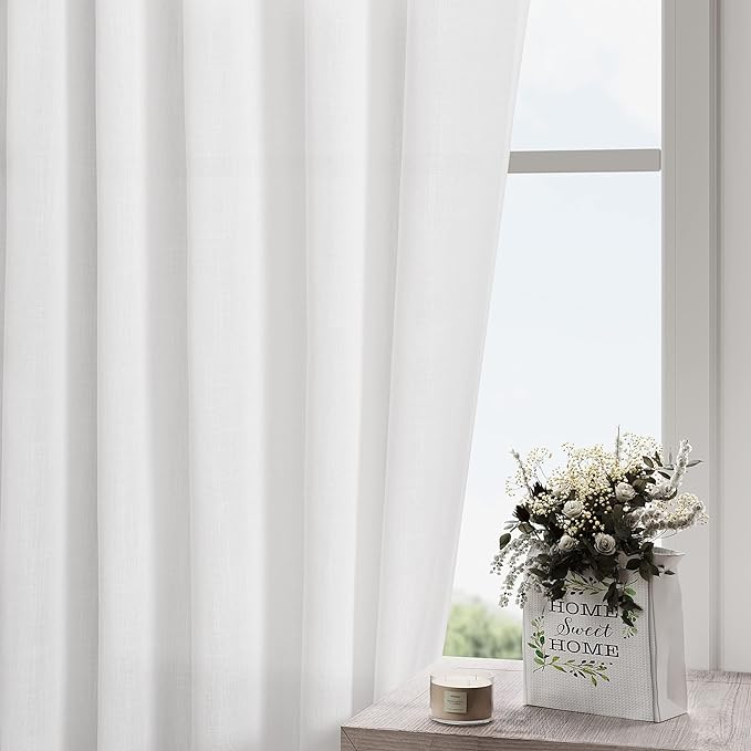 White Cafe Curtains 48 Inch Length Set 2 Panel Back Tab Pocket Semi Sheer Short - Image 2