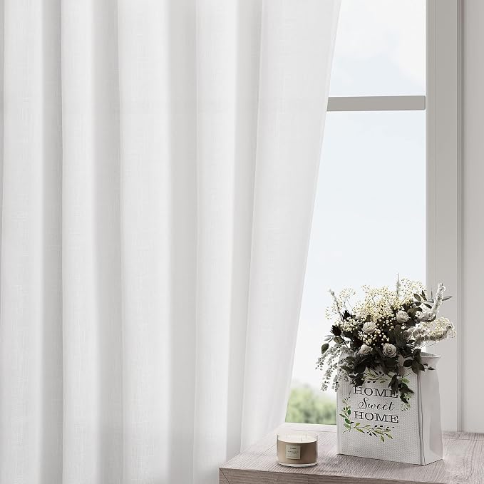 White Semi Sheer Linen Curtains 95 inch Length - Image 2