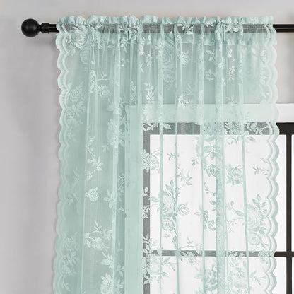 Pastel Teal Lace Curtains 96 Inches Long Aqua Floral Curtains - Image 3