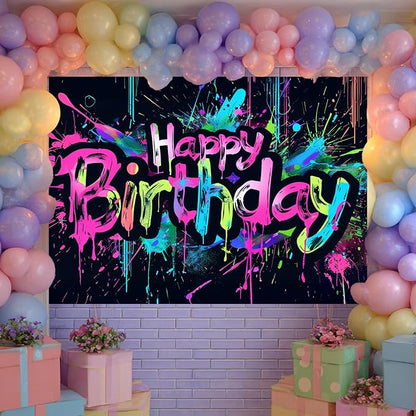 HOMETITUTE Neon Happy Birthday Backdrop 96x72 Inch | Happy Birthday Backdrop - Image 2