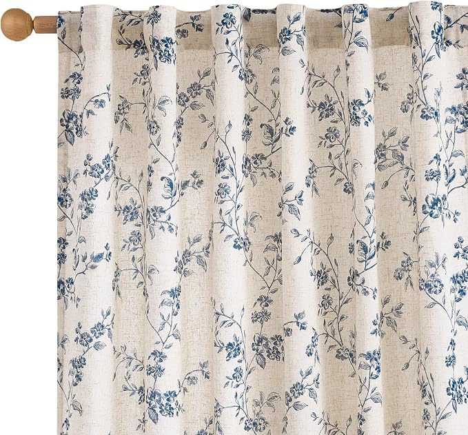 Blue Vintage Floral Linen Curtains Farmhouse 50W X 96L 2 Panels | Elisa Series by Lazzzy