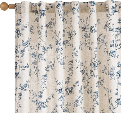 Blue Vintage Floral Linen Curtains Farmhouse 50W X 96L 2 Panels | Elisa Series by Lazzzy