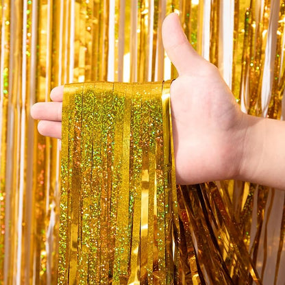 Voircoloria Laser Gold Foil Fringe Backdrop Curtains, 3 Pack | Tinsel Streamers - Image 2