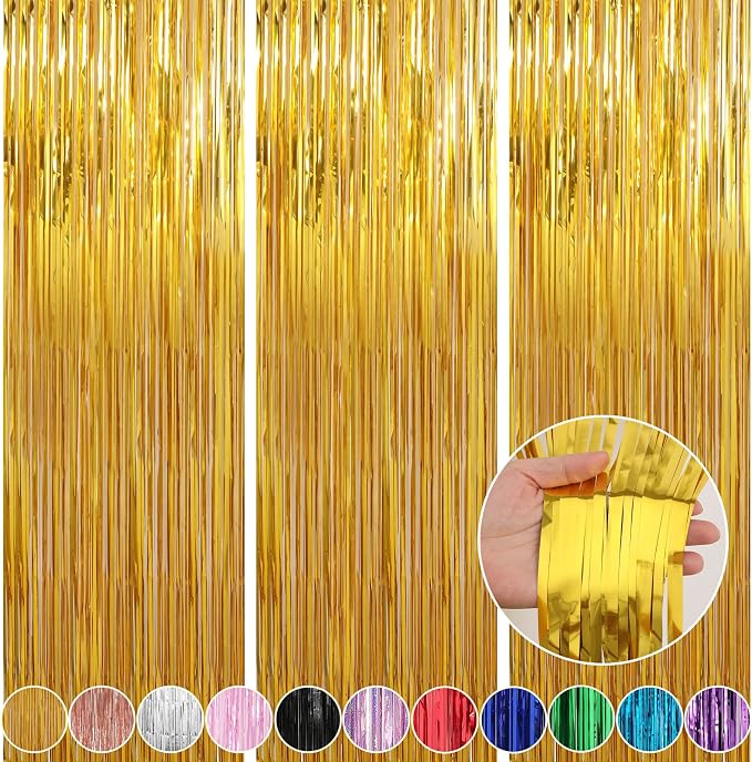 Crosize 4 Pack 3.3 x 9.9 ft Gold Foil Fringe Curtains Party Decorations by Crosize