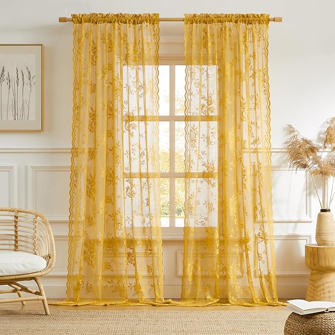 Earth Yellow Lace Curtains 45 Inch Length 2 Panels Set Country Flower Sheer - Image 2
