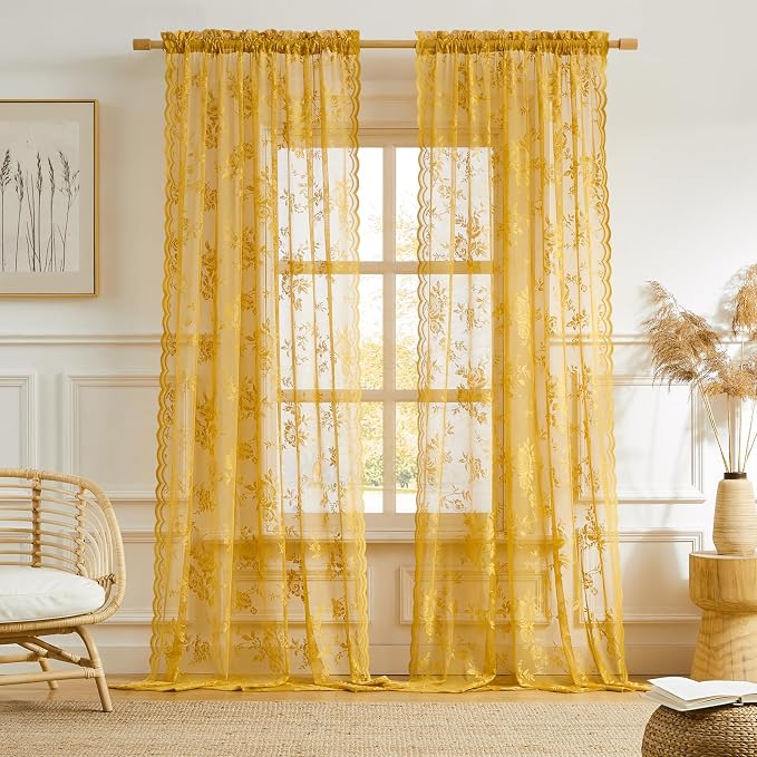 Yellow Lace Curtains 96 Inches Long 2 Panels Country Gold Flower Sheer Curtains by SEEKRIGHTHomeDecor