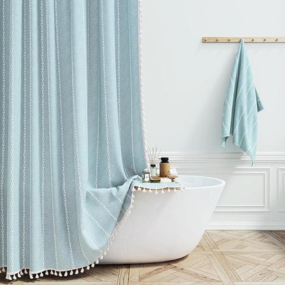 72x84 Long Boho Farmhouse Linen Heavy Duty Shower Curtain, Fog Blue | Tall Size by ShowerCurtain