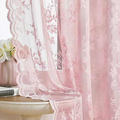 Light Pink Lace Curtains 84 Inches Long 2 Panels Romantic Flower Sheer Curtains by SEEKRIGHTHomeDecor