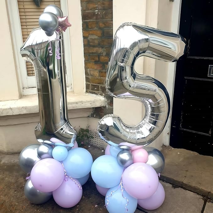 40 Balloons Silver, Giant Number 4 & 0 Helium Foil Balloon - Image 7