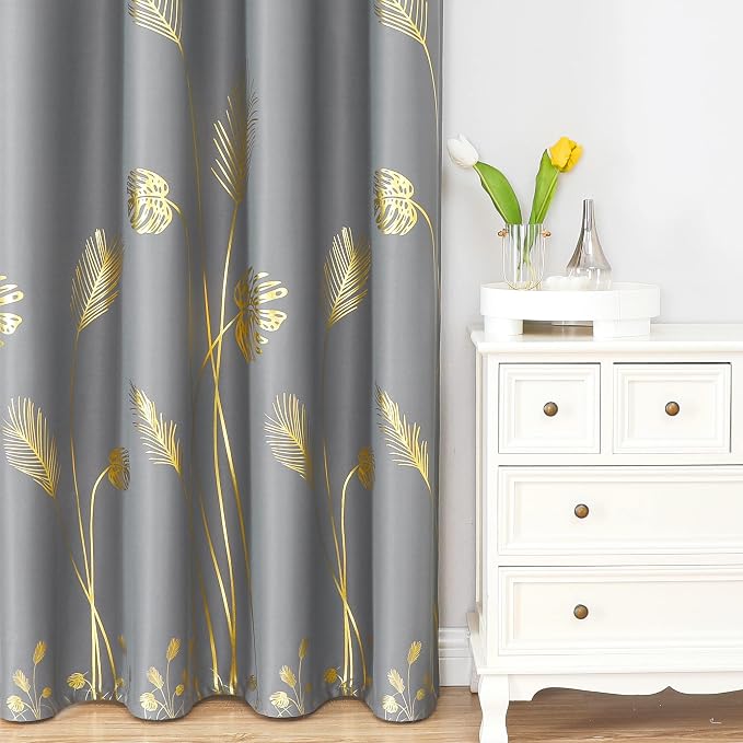 Grey Blackout Curtains 63 inch Length 2 Panels, Sunlight Blocking Palm Leaf and - Image 2