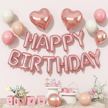 Happy Birthday Balloon Banner Rose Gold, 16 Inch Mylar Letters Rose Gold Heart by Togvu