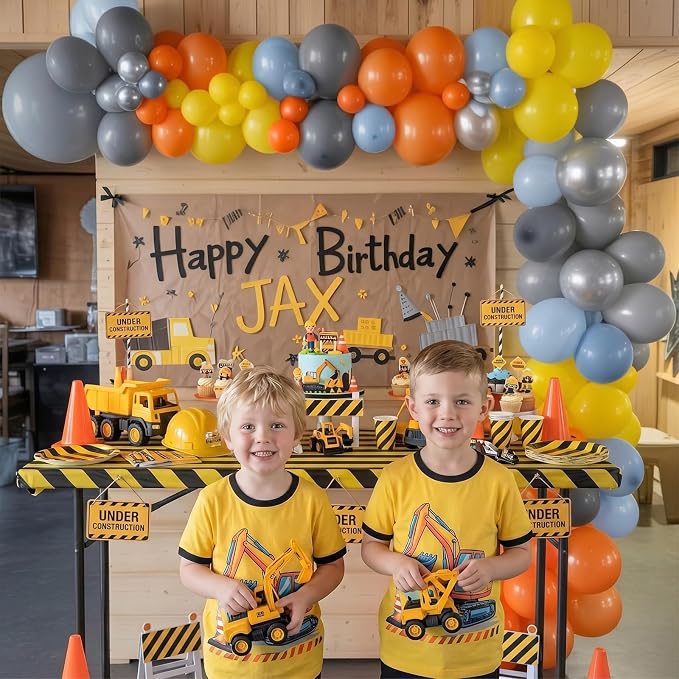 Construction Theme Balloons, 12 inch Orange Yellow Dusty Blue Latex Balloon - Image 7