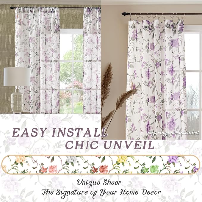 Sheer Curtains 54 Inch Length 2 Panels Set, Lavender Floral Patterned Linen - Image 7
