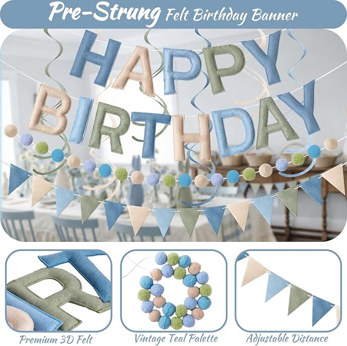 Kriyokiaa Dusty Blue Sage Green Happy Birthday Banner Party Set | Pre-strung - Image 3