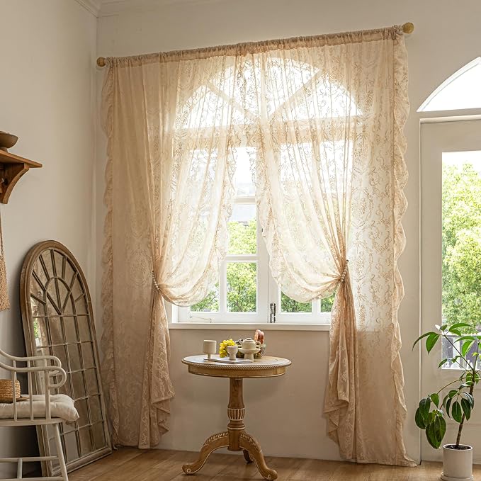 Deeprove Beige Lace Boho Sheer Curtains Cottage 2 Panels by Deeprove