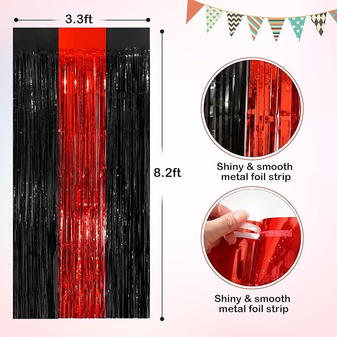 Black Red Metallic Tinsel Foil Fringe Curtains, 4 Pack 3.3x8.3 Feet Streamer - Image 2
