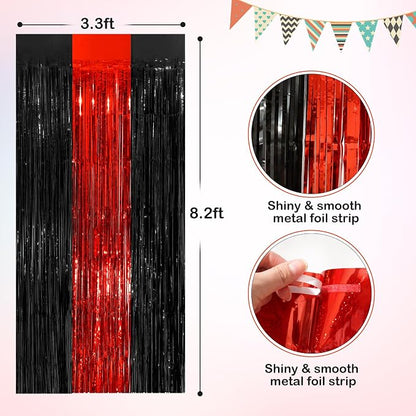 Black Red Metallic Tinsel Foil Fringe Curtains, 4 Pack 3.3x8.3 Feet Streamer - Image 2