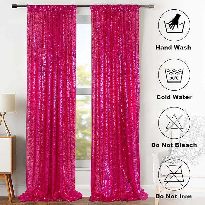 ShinyBeauty Sequin Curtains 2 Panels Fuchsia 2FTx8FT Sequin Photo Backdrop Hot - Image 7