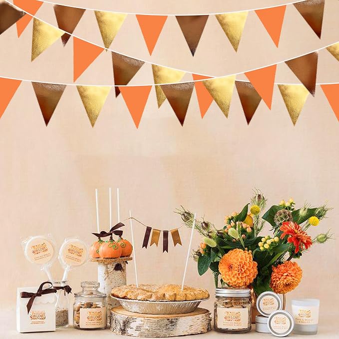 Fall Party Decorations Orange Gold Brown Metallic Fabric Triangle Pennant - Image 4