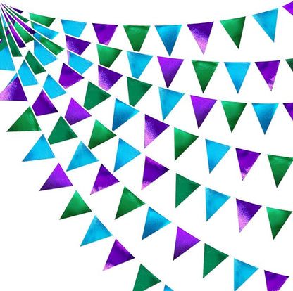 Blue Green Purple Party Decorations Metallic Fabric Triangle Pennant Banner by pinkblume