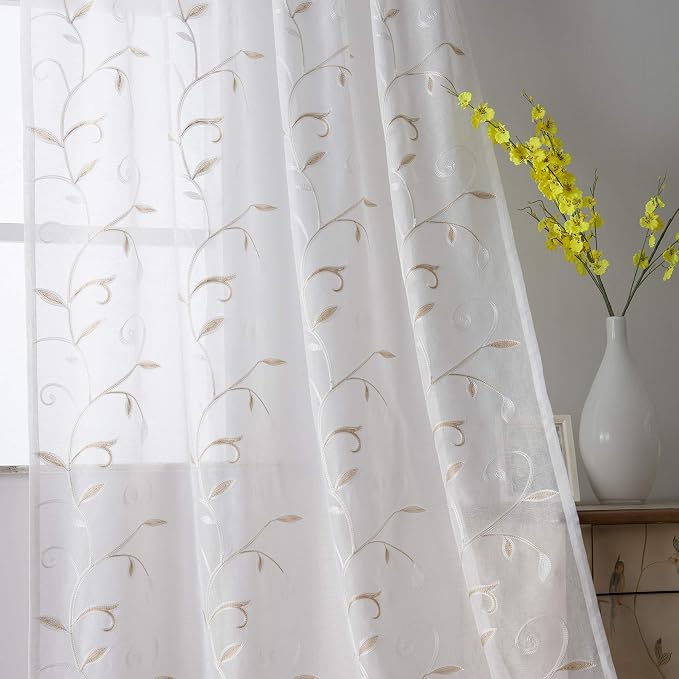 White Sheer Curtains Beige Embroidered Leaves 2 Panels 54Wx63L | Light by VISIONTEX