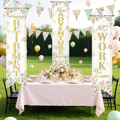 3Pcs Retirement Porch Sign Door Hanging Banner Floral Happy Retirement Banner - Image 4