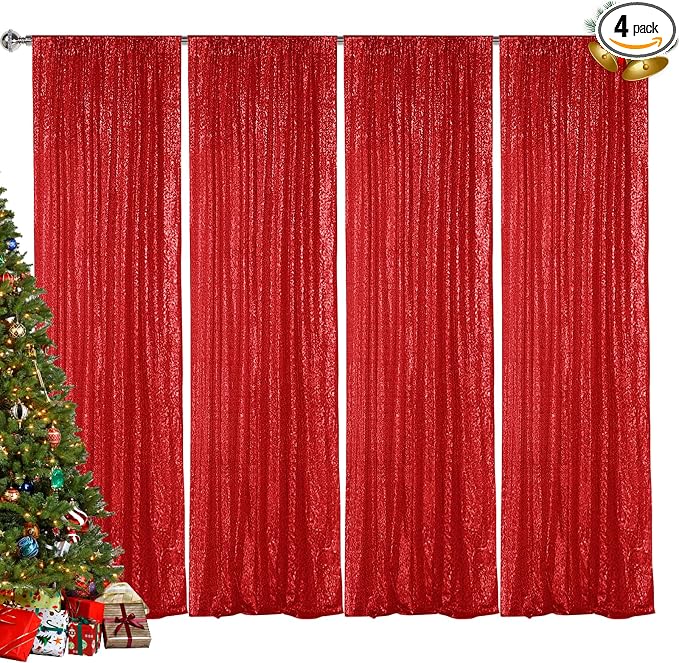 Hahuho Red Sequin Backdrop Curtain, 4 Panels, 2FT x 8FT | Glitter Backdrop by Hahuho