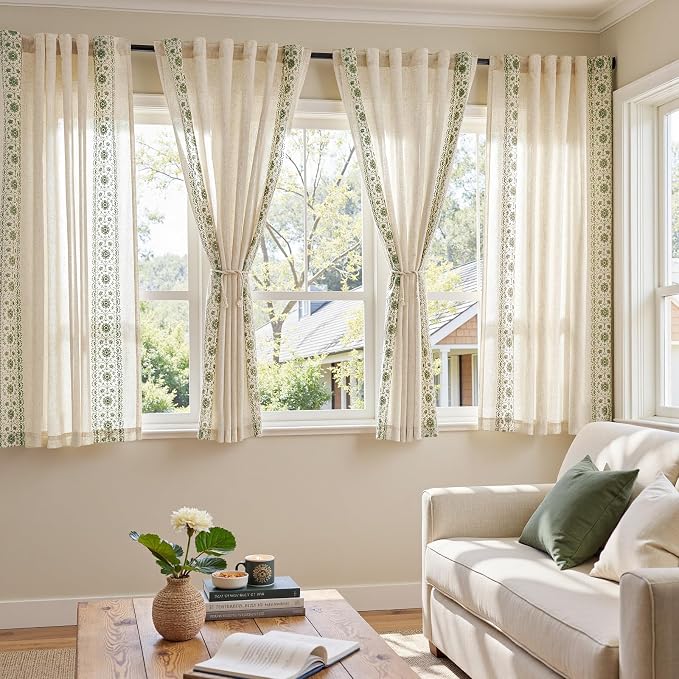 jinchan Floral Linen Curtains Embroidered Back Tab 50x63in 4 Panels Sage | by JINCHAN