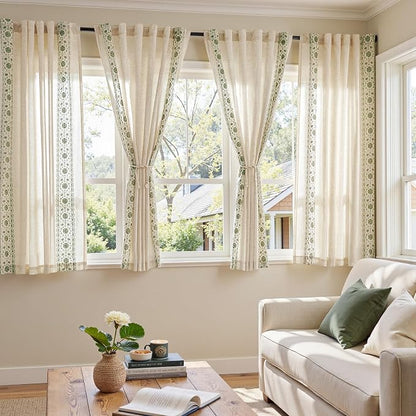 jinchan Floral Linen Curtains Embroidered Back Tab 50x63in 4 Panels Sage | by JINCHAN