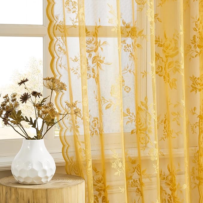 Yellow Lace Curtains 96 Inches Long 2 Panels Country Gold Flower Sheer Curtains - Image 3