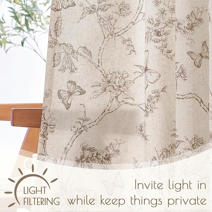 Taupe Floral Linen Lined Curtains Rod Pocket 50W X 84L 2 Panels | Charlotte - Image 3