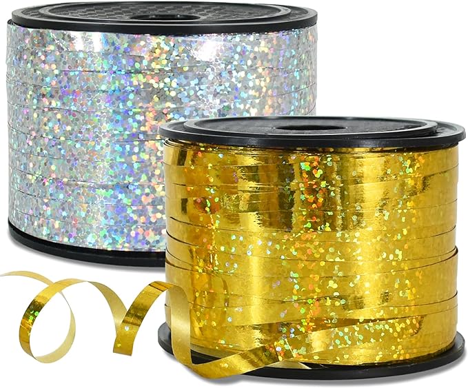 BEISHIDA 2 Pack 100 Yards Gold Silver Glitter Ribbon Balloon String Shiny by Beishida