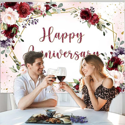 Sensfun Happy Anniversary Backdrop Banner Burgundy Pink Flower Wedding - Image 4