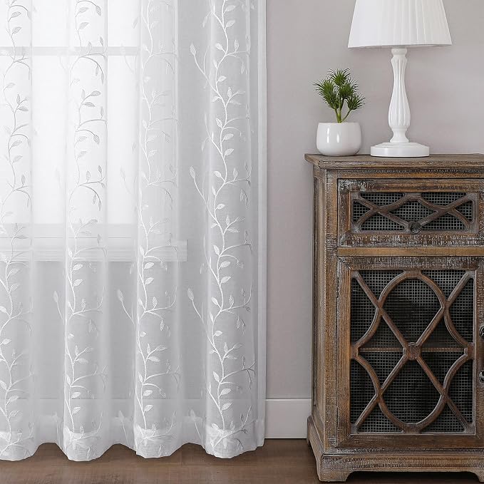 White Sheer Curtains Leaf Embroidery Linen 96 Inches Long | Light Filtering - Image 5