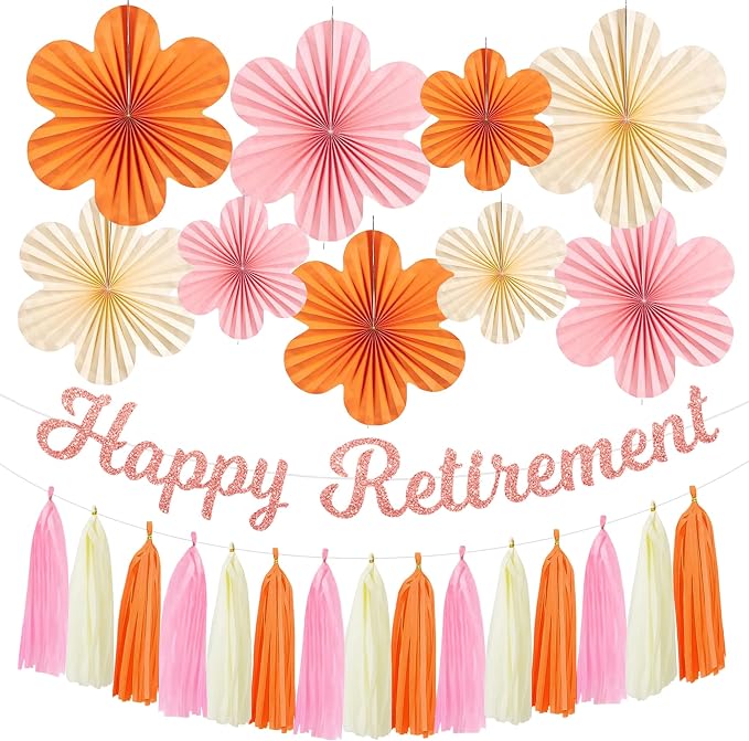 Roetyce Flower Retirement Decorations, Boho Pink Orange Retirement Banner | by Roetyce