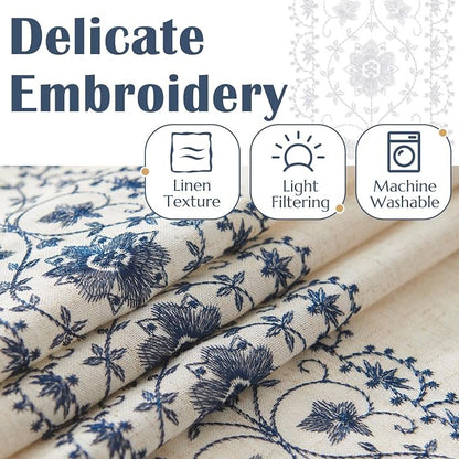 jinchan Floral Linen Curtains Embroidered Back Tab 50x72in 2 Panels Blue | - Image 4