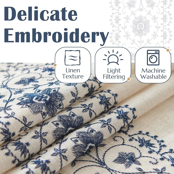 jinchan Floral Linen Curtains Embroidered Back Tab 50x96in 2 Panels Blue | - Image 4