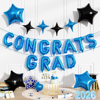 Congrats Grad Balloons, 16 Inch Blue Black Congrats Grad Letters Banner Balloons by FunHot