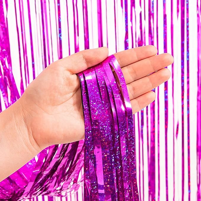 BRAVESHINE Hot Pink Foil Fringe Curtains，Metallic Party Streamers Backdrop | 2 - Image 8