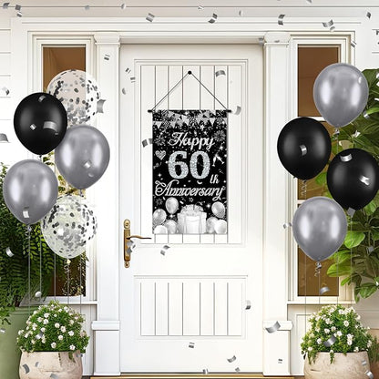60th Anniversary Decorations Small Banner Black Silver Happy 60th Anniversary - Image 6
