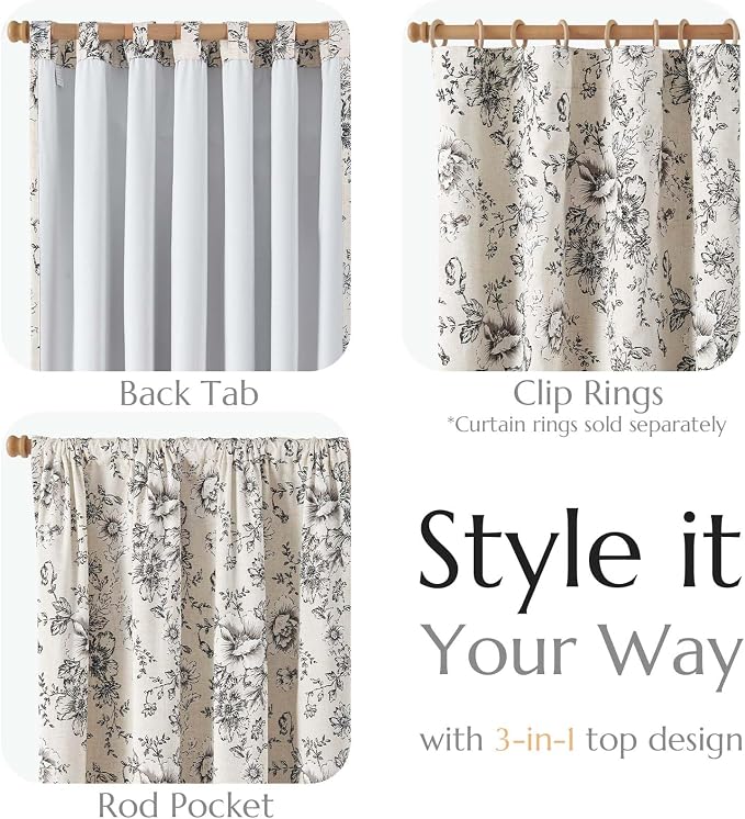 jinchan Black Floral Linen Blackout Curtains 63 Inch Back Tab 2 Panels | - Image 4