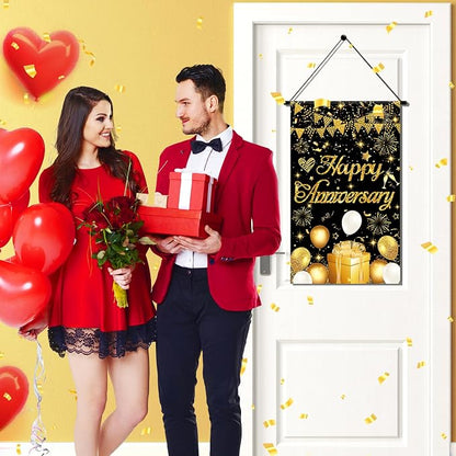 Anniversary Party Decorations Black Gold Happy Anniversary Door Banner Sign - Image 2