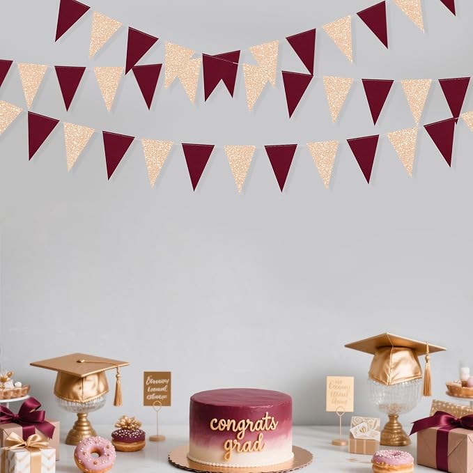Burgundy Party Decorations Maroon Champagne Gold Triangle Banner Flag Bunting - Image 3