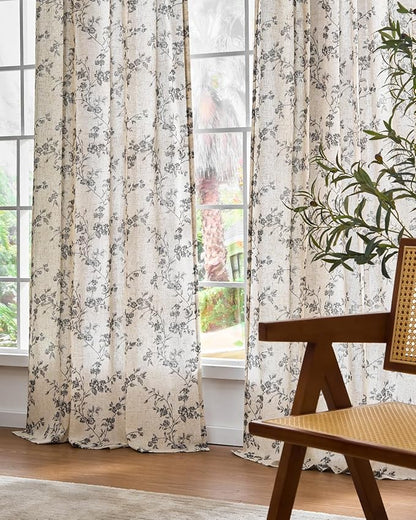 Black Vintage Floral Linen Curtains Farmhouse 50W X 63L 2 Panels | Elisa Series - Image 7